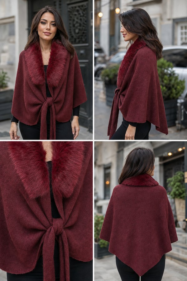 S009-50 Bordo Üçgen İçten Geçmeli Triko Omuz Şalı