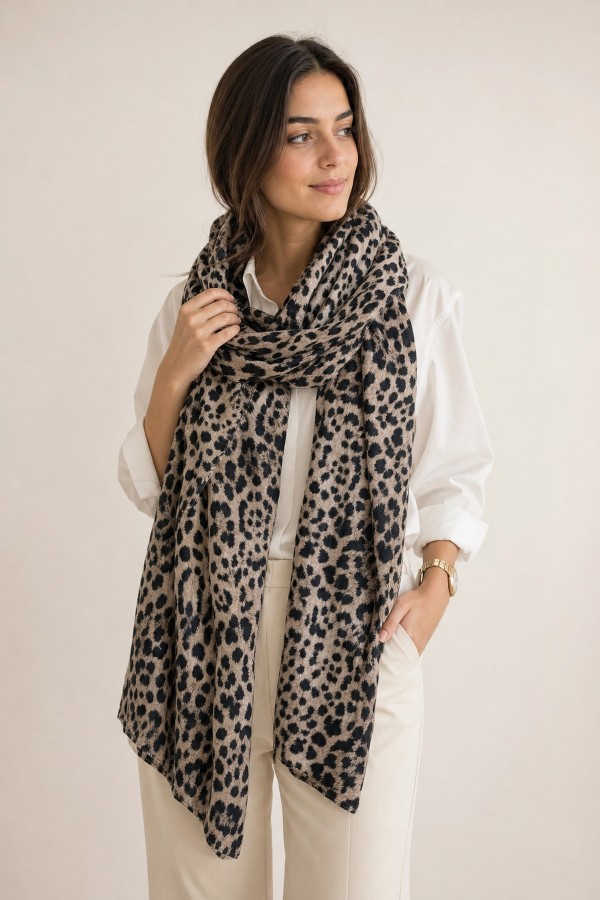 S016 Bej Leopar Desen Şal 90x180 cm