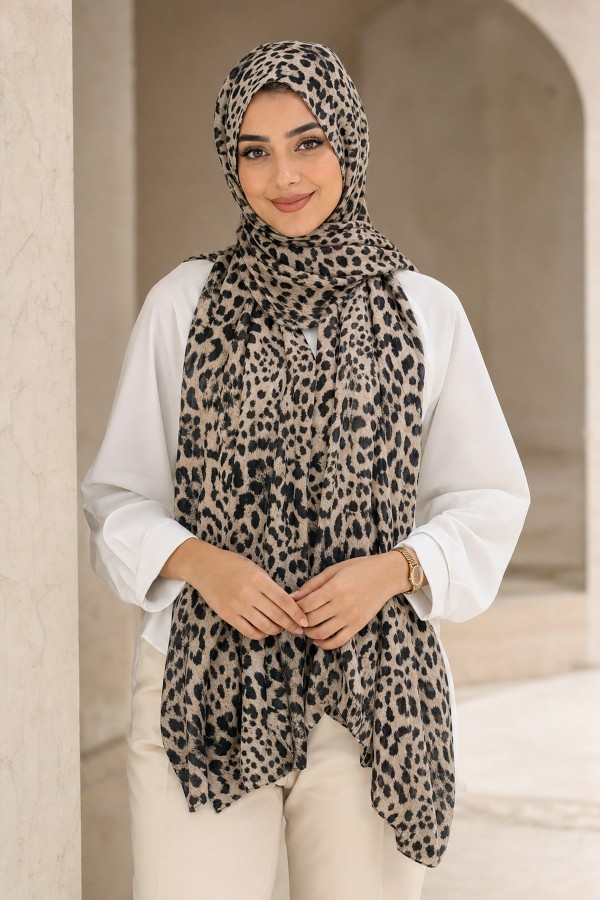 S016 Bej Leopar Desen Şal 90x180 cm