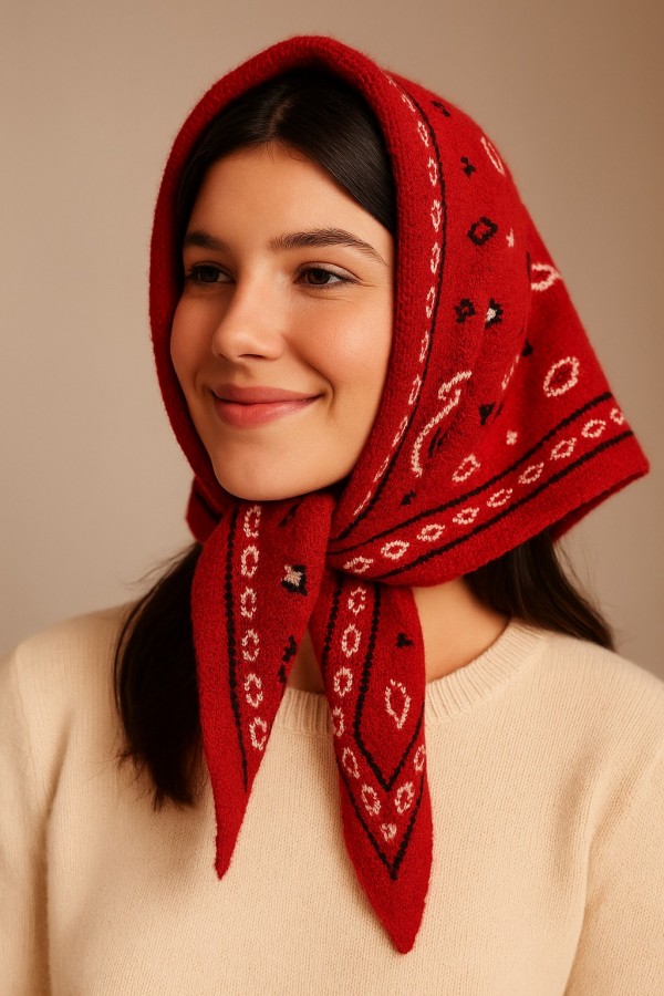 S055 Kırmızı Şal Desenli Üçgen Şal 103x38 cm
